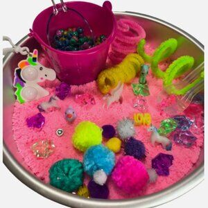 Unicorn Theme Sensory Bin Kit, Activity Learning Toy Tray,Play Sand & Beads Fill